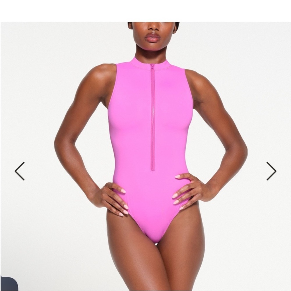 Skims Pink Zip Up High Neck Sleeveless Swimsuit One Piece - 2X/3X Neon